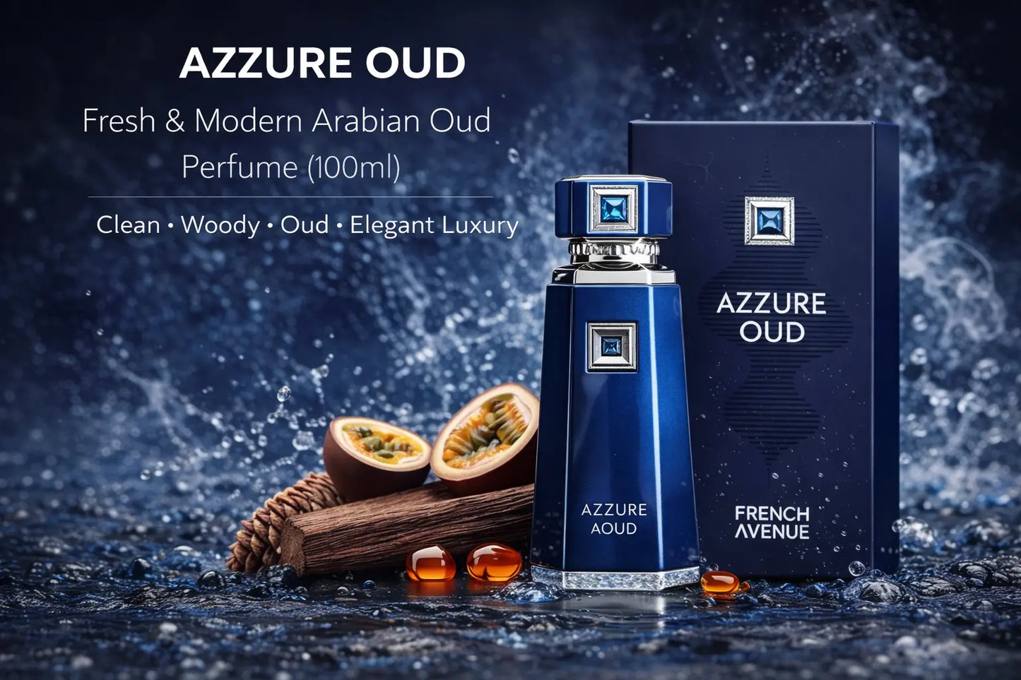 French Avenue Azzure Aoud 100ml Eau De Parfum - Saffron, Passion Fruit & Rose Notes - Oriental Woody Fragrance for Luxurious Elegance lattafauk