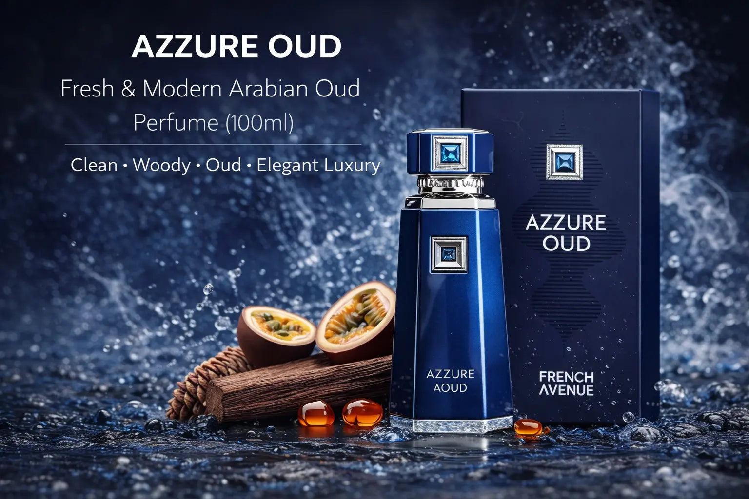 French Avenue Azzure Aoud 100ml Eau De Parfum - Saffron, Passion Fruit & Rose Notes - Oriental Woody Fragrance for Luxurious Elegance lattafauk